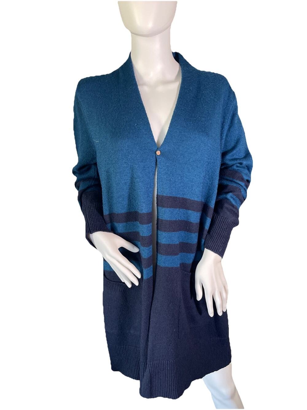 Michael Kors Women's Blue Long Cardigan Single Permanent Button Pockets- Large